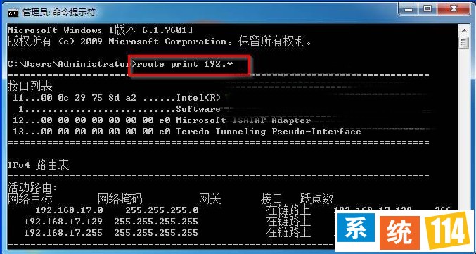输入“route print 192.*”