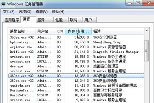 Win7任务管理器查看哪些软件较耗内存的步骤