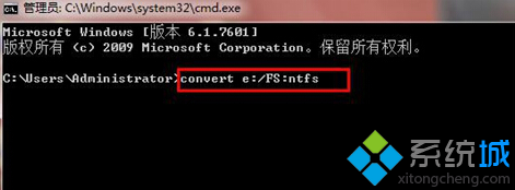 输入命令”convert e:/FS:ntfs”,e